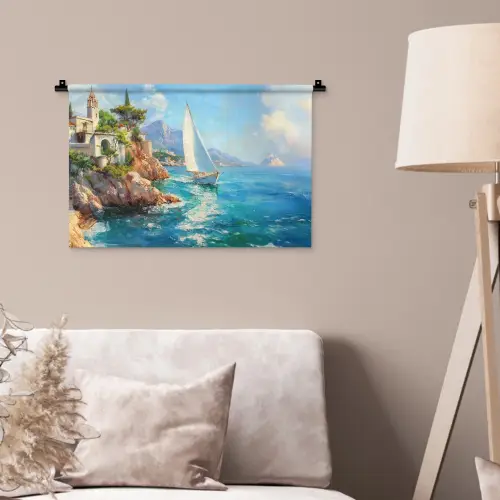 Zeilboot - Rotsen - Kust - Huizen Wandkleed katoen klein -sfeer4