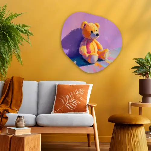 Teddybeer - Schaduw - Penseelstreken - Paars Wandcirkel Organisch Aluminium middel -sfeer4