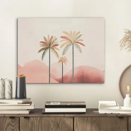 Palmbomen - Heuvels - Minimalistisch - Zachtroze PET vilt klein -sfeer1
