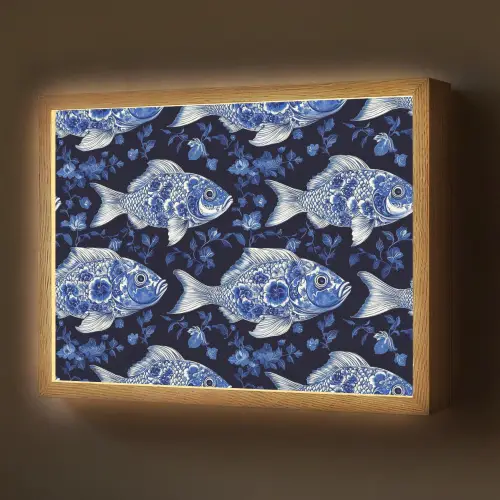 Vissen - Bloemen - Blauw Light Box met batterij (Wandlamp) middel 907 -z3d_website