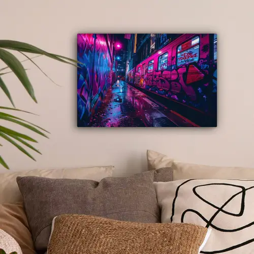 Stad - Neon -  Nacht - Roze - Graffiti canvas 2cm klein -sfeer1