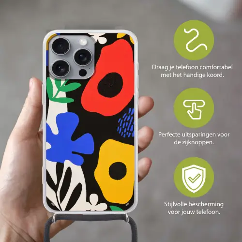 Bloemen - Bladeren - Abstract - Zwart Hoesje iPhone 16 Pro Max met koord klein -sfeer2_NL