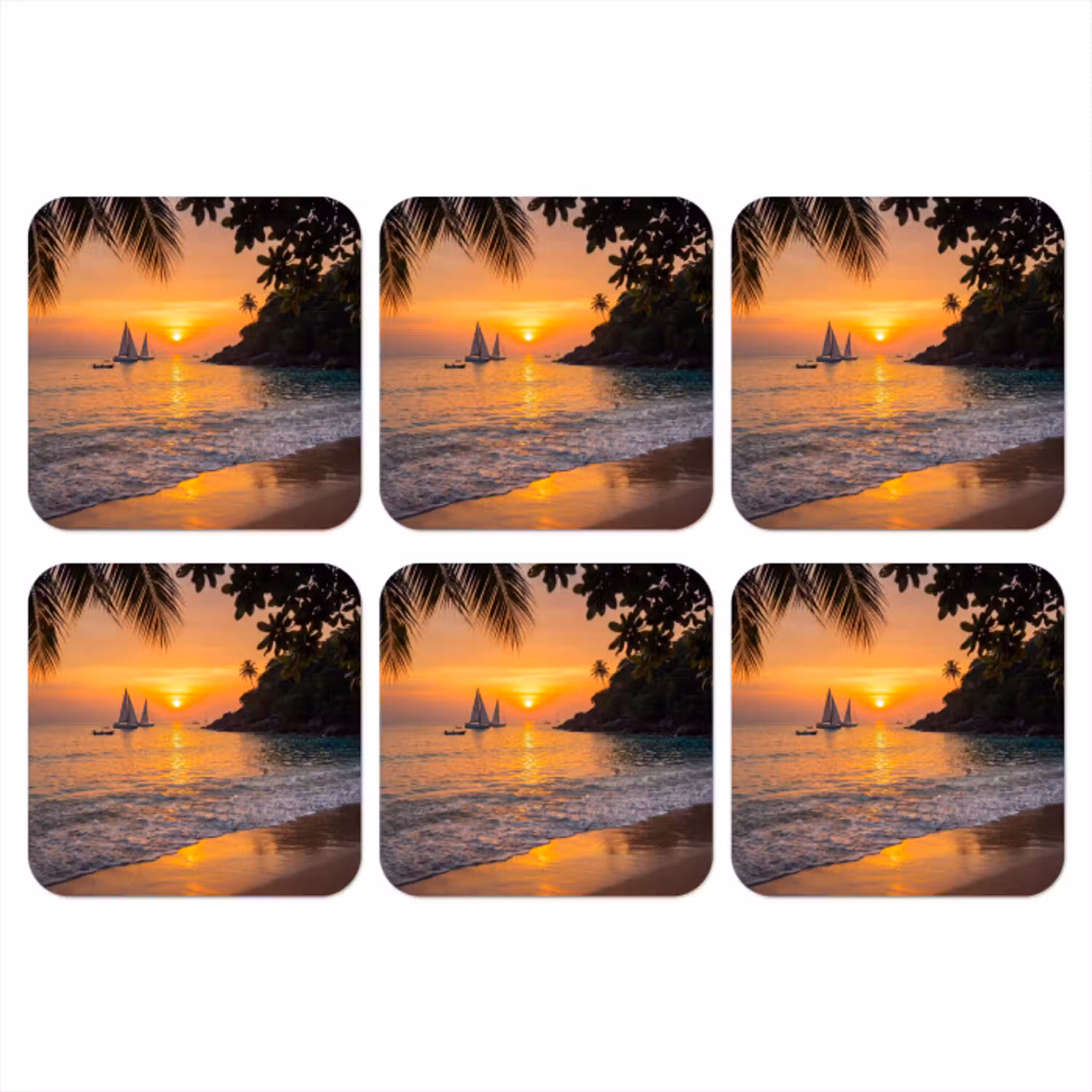 Zee - Zonsondergang - Boot - Natuur - Oranje onderzetter kurk middel -3d