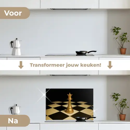 Koningin - Schaakstuk - Geblokt - Goud keuken achterwand spatscherm klein -voor_na_NL