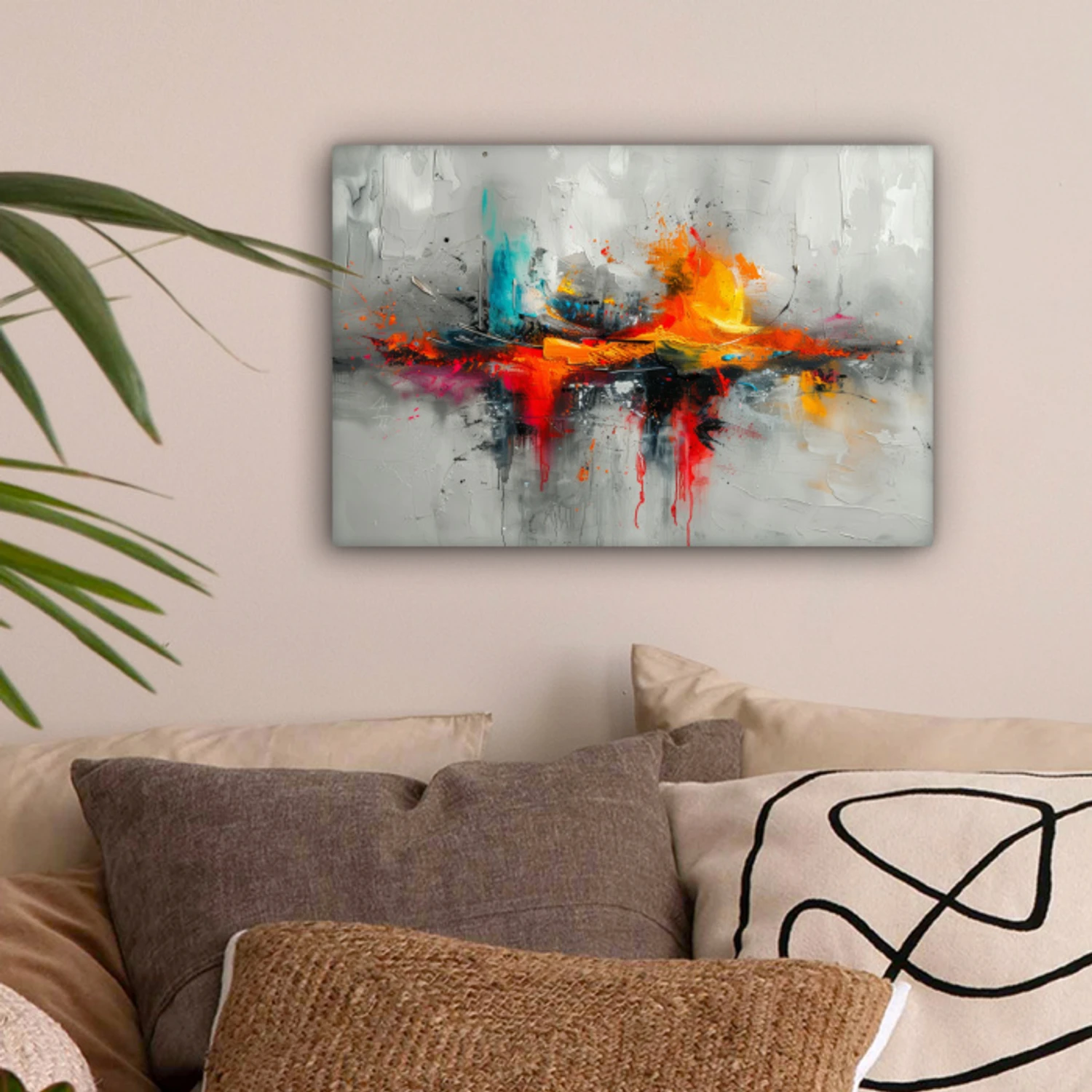 Moderne kunst - Oranje - Grijs - Abstract canvas 2cm klein -sfeer1