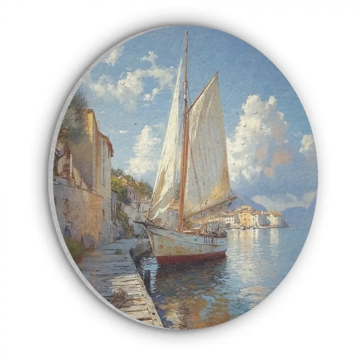Zeilschip - Huizen - Kade - Zee Akoestische PET Vilt - Rond klein -3d