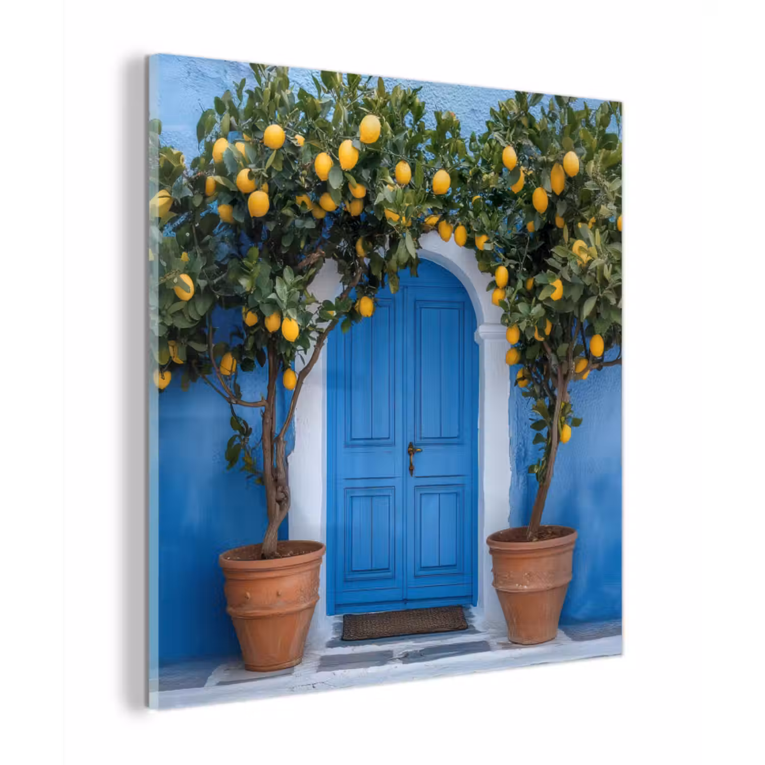 Glas schilderij - Citroenbomen - Geel - Deur - Potten