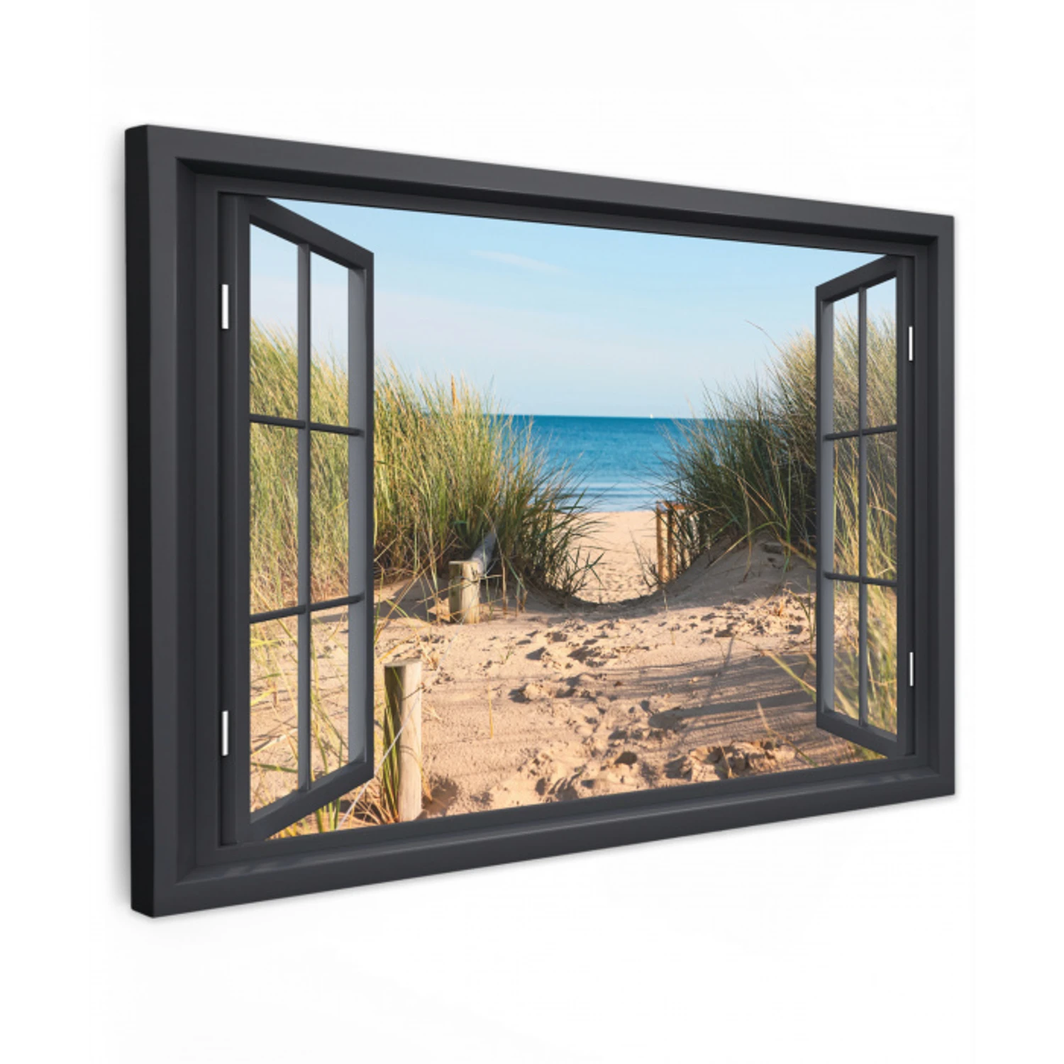 Doorkijk - Strand - Zee - Zand - Water - Helmgras - Duinen Tuinposter op houten frame 2 cm dik klein -3d