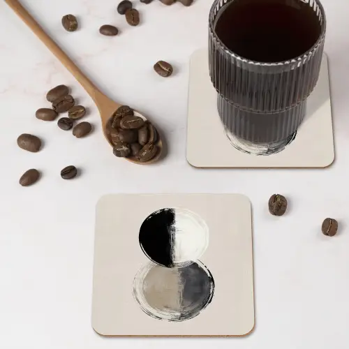 Cirkels - Strepen - Minimalistisch - Zwart onderzetter kurk middel -sfeer2
