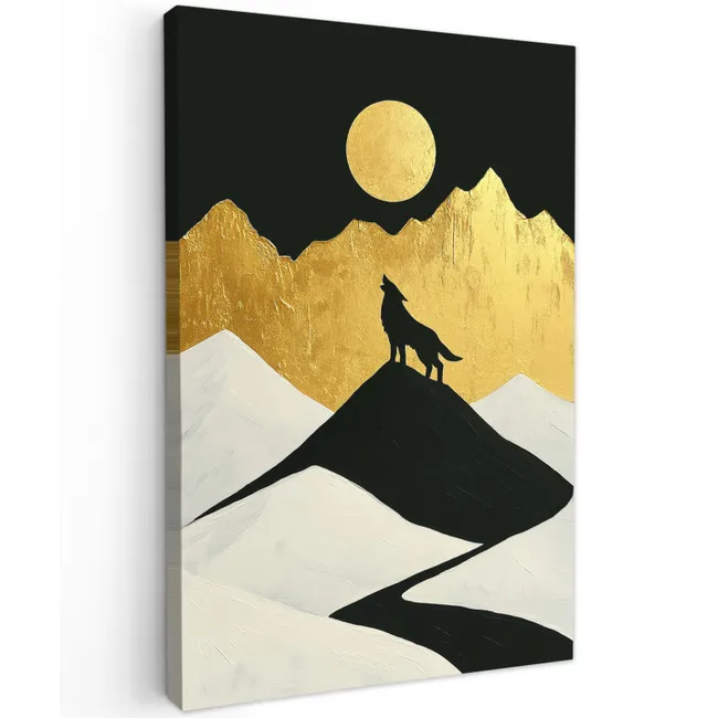 Wolf - Bergen - Maan - Zwart Tuinposter op houten frame 2 cm dik klein -3d