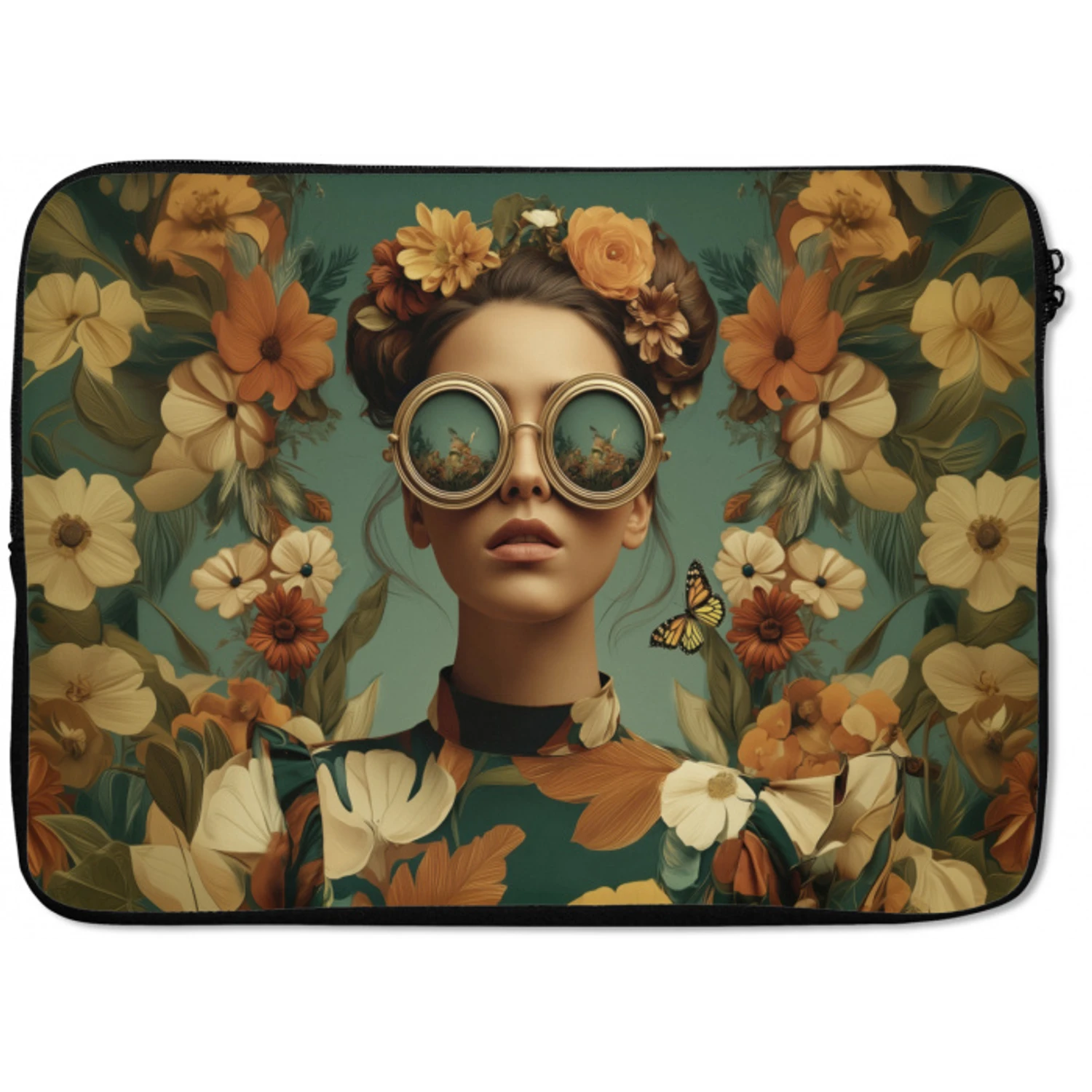 Bloemenkrans - Vrouwengezicht - Zonnebril - Oranje laptophoes neopreen klein -zkaufland3dotto