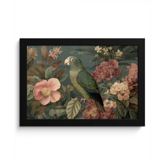 Groene papegaai - Kleurrijke bloemen - Donkere achtergrond fotolijst zwart zonder passe partout klein -3d