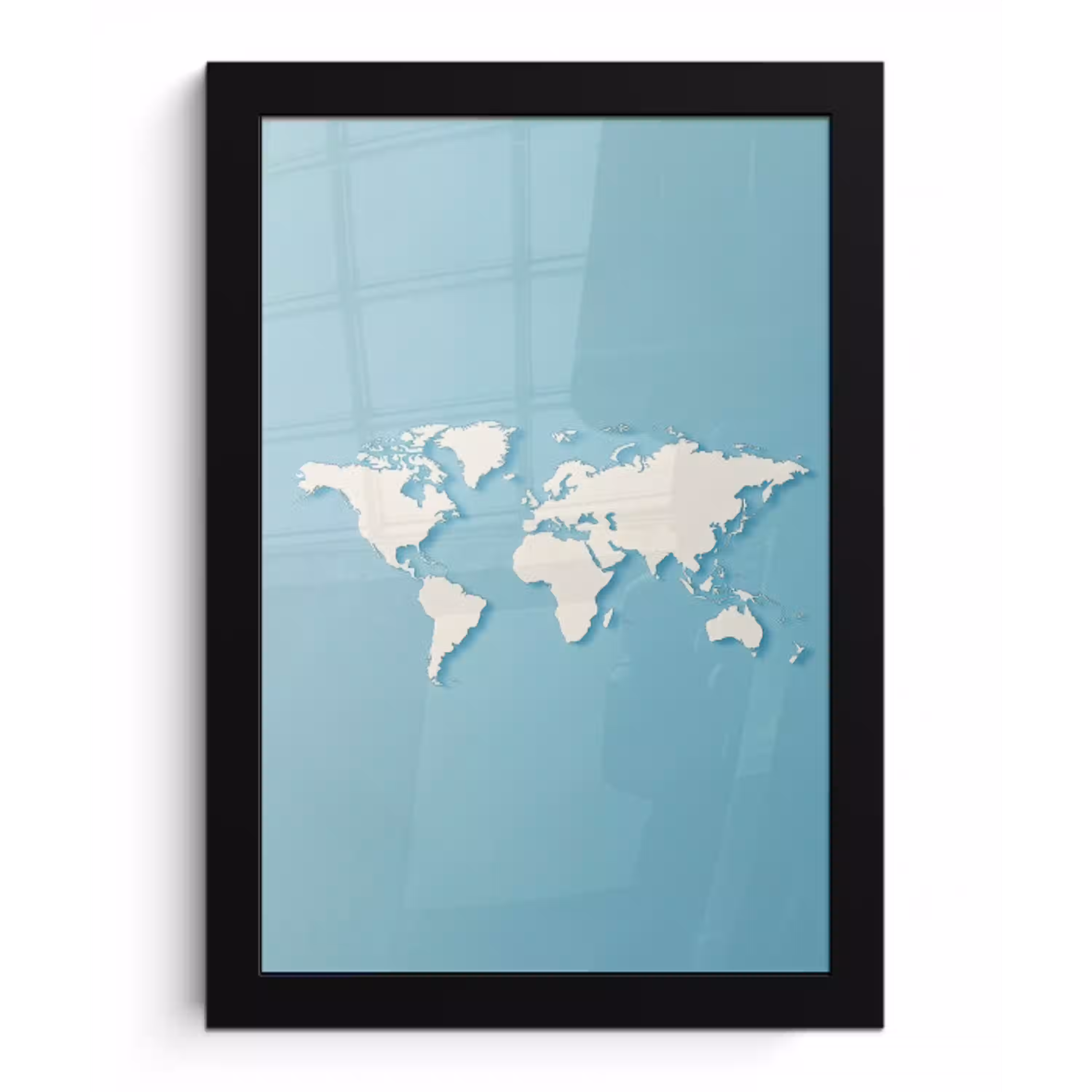 Wereldkaart - Minimalistisch - Blauw - Crème fotolijst zwart zonder passe partout klein -3d