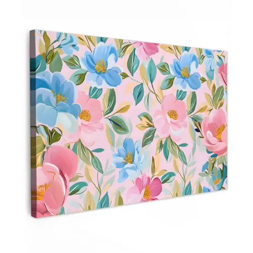 Blauw - Roze - Bloemen Tuinposter op houten frame 2 cm dik klein -3d