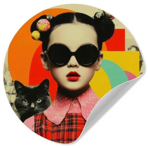 Meisje - Zonnebril - Kat - Retro Wandcirkel behangsticker klein -3d