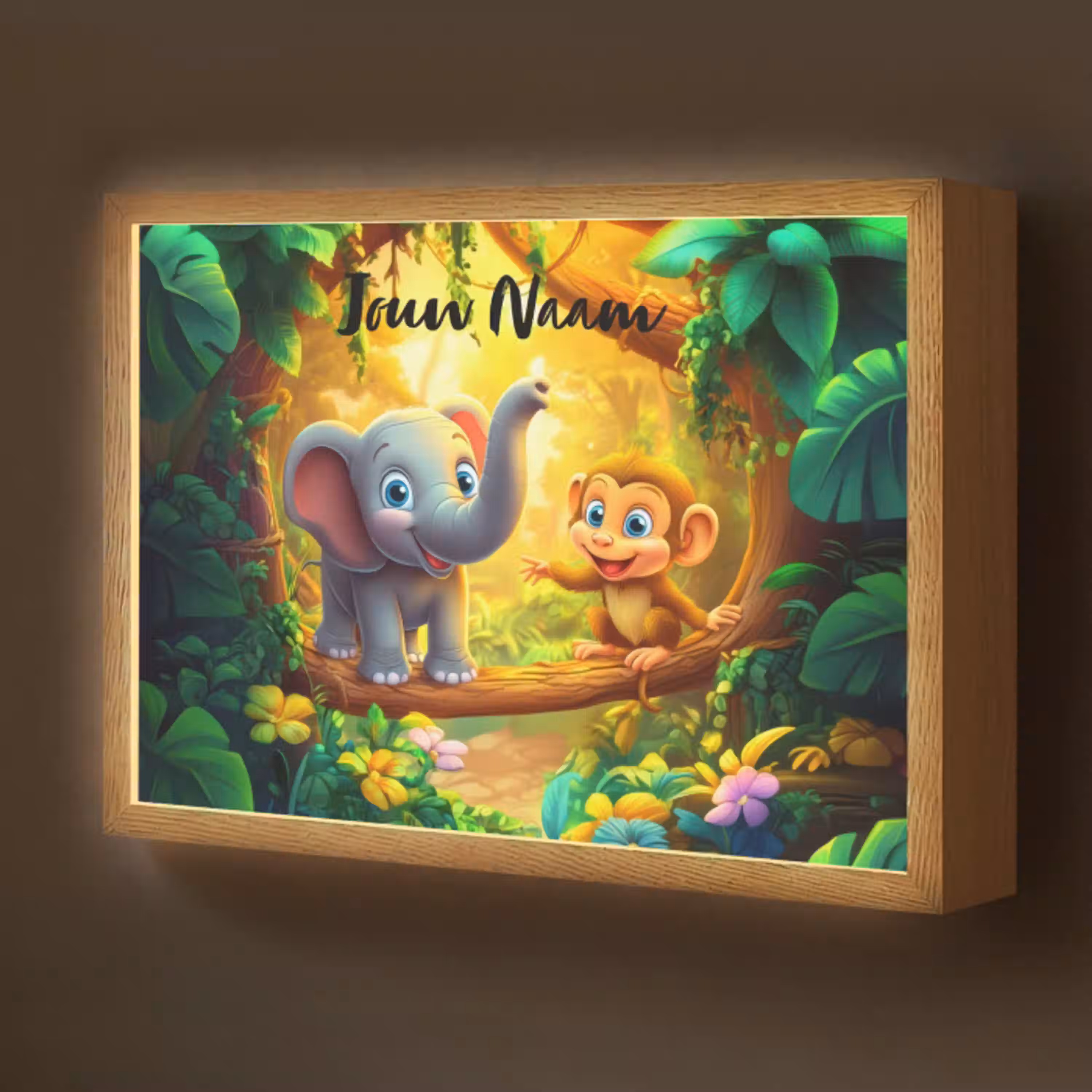 Olifant - Appje - Jungle - Kleurrijk Light Box met batterij (Wandlamp kind) middel -z3d_website