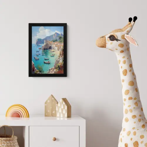 Kustdorp - Schilderij - Rotsen - Boten fotolijst zwart zonder passe partout klein -usfeer4_kinderkamer