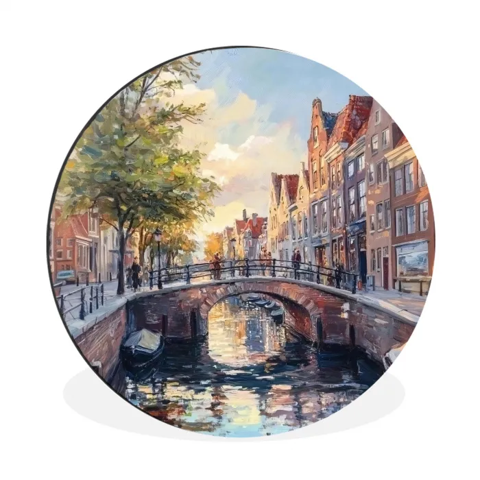 Brug - Stad - Huizen - Boot Wandcirkel aluminium klein -3d