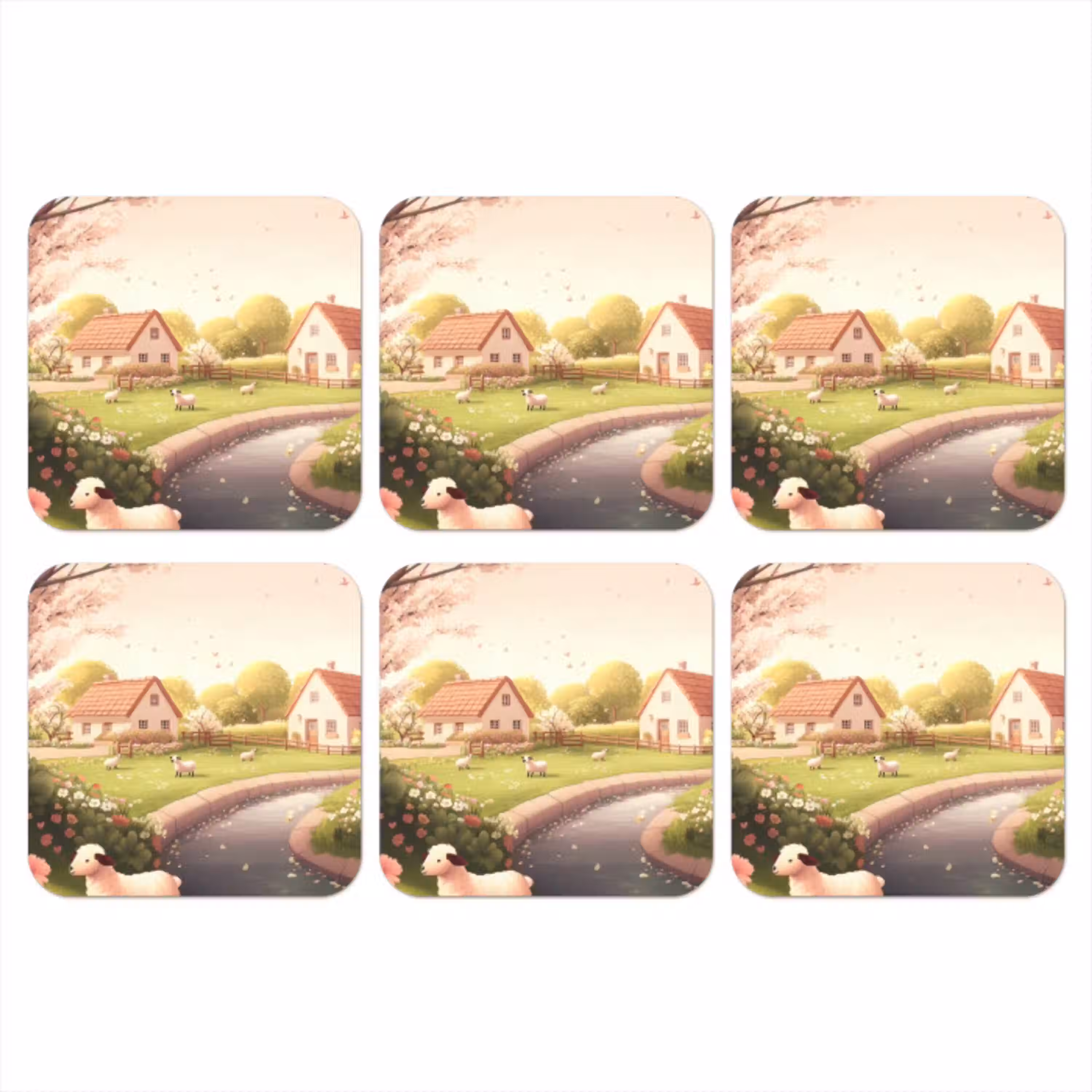 Schapen - Huisje - Platteland onderzetter kurk middel -3d