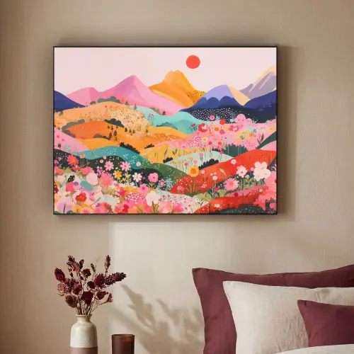Kleurrijke bloemen - Bergen - Fantasielandschap Textielframe zwart klein -sfeer1