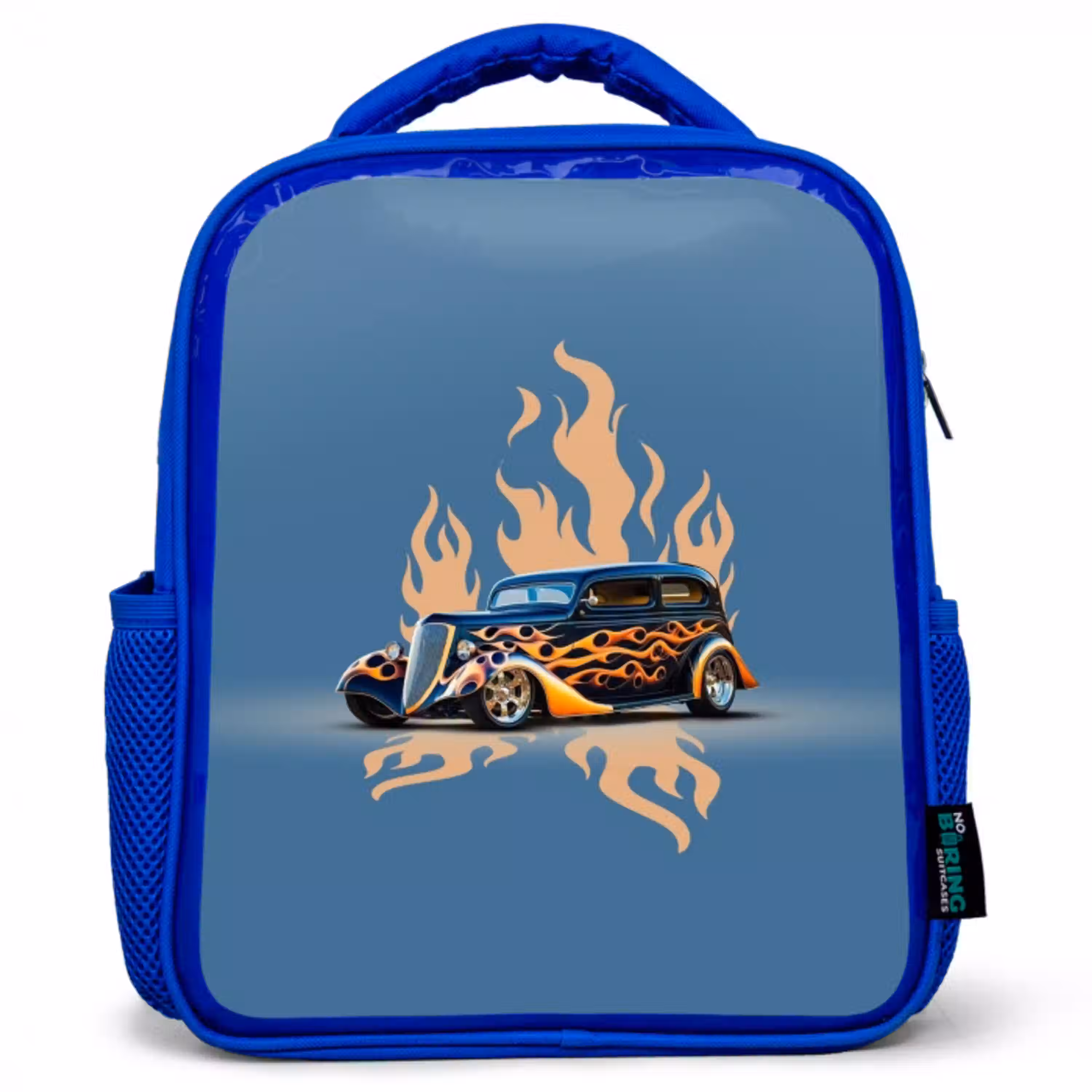 Zwarte auto met beige vlammen Kinderrugzak - Blauw middel -3d