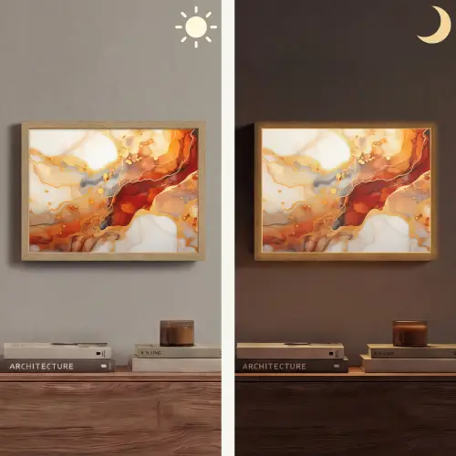 Marmer - Oranje - Goud - Modern - Abstract Light Box met batterij (Wandlamp) middel -sfeer3