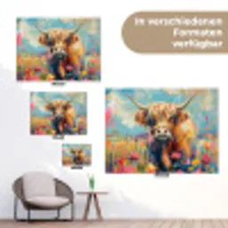 Schotse hooglander - Natuur - Kleurrijk - Bloemen tuinposter los doek klein -Xsfeer9_DE