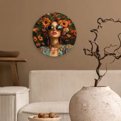Vrouwen - Bloemen - Modern - Bril - Abstract Wandcirkel kunststof plaat 5mm dik klein -sfeer1
