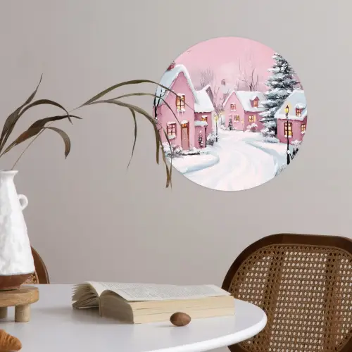 Kerstdorp - Roze - Winter - Sneeuw - Huizen Wandcirkel behangsticker klein -sfeer3