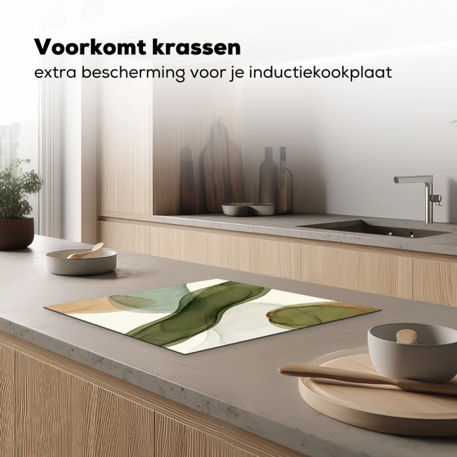 Abstract - Vormen - Modern - Kunst - Groen - Bruin Inductie beschermer vinyl 3mm middel -sfeer1