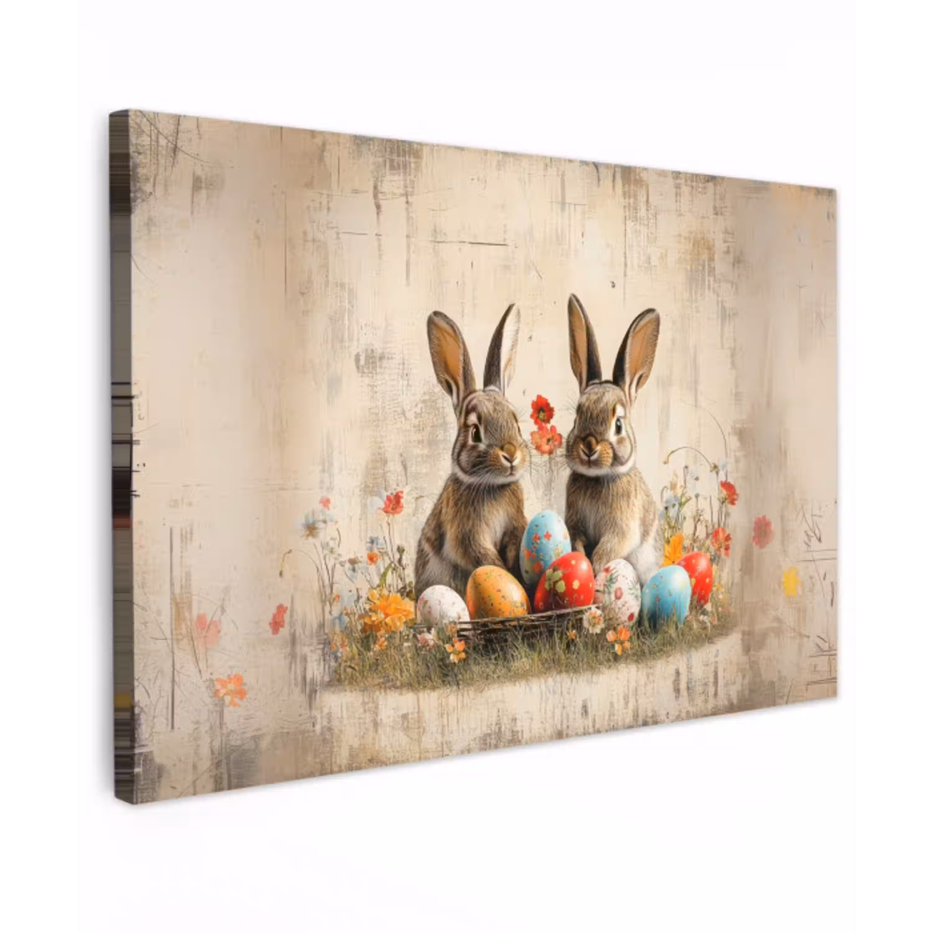 Konijnen - Bloemen - Eieren Tuinposter op houten frame 2 cm dik klein -3d
