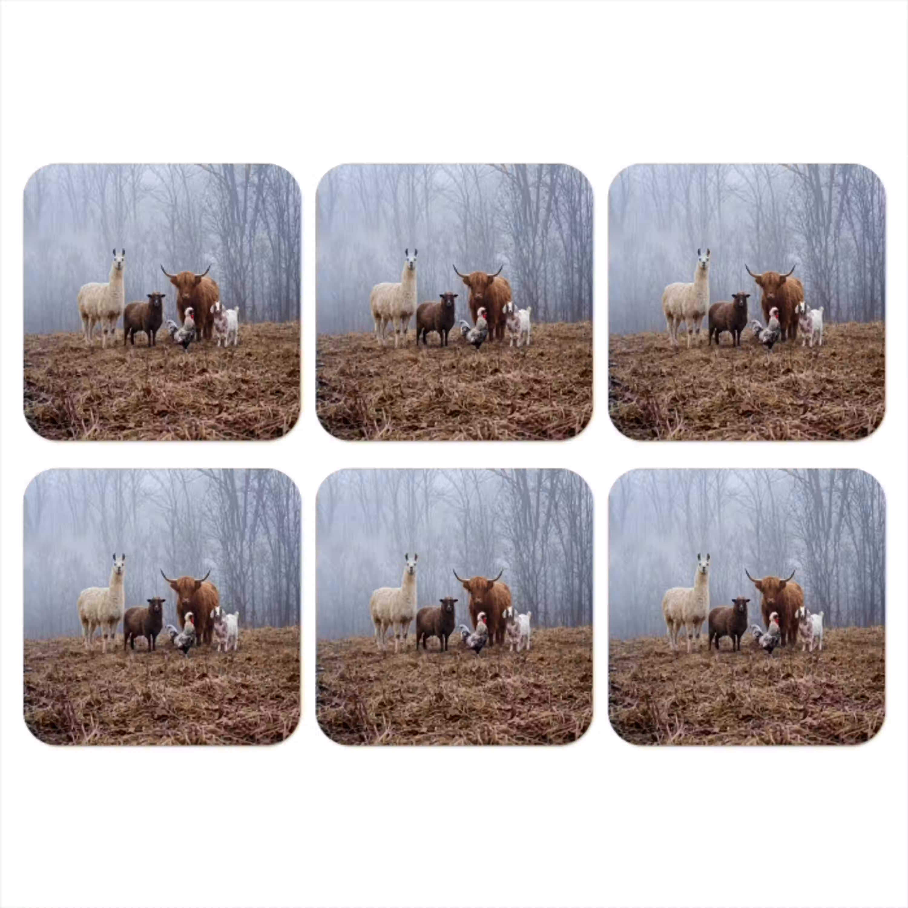 Boerderijdieren - Groep - Mist - Natuur - Rustiek onderzetter kurk middel -3d