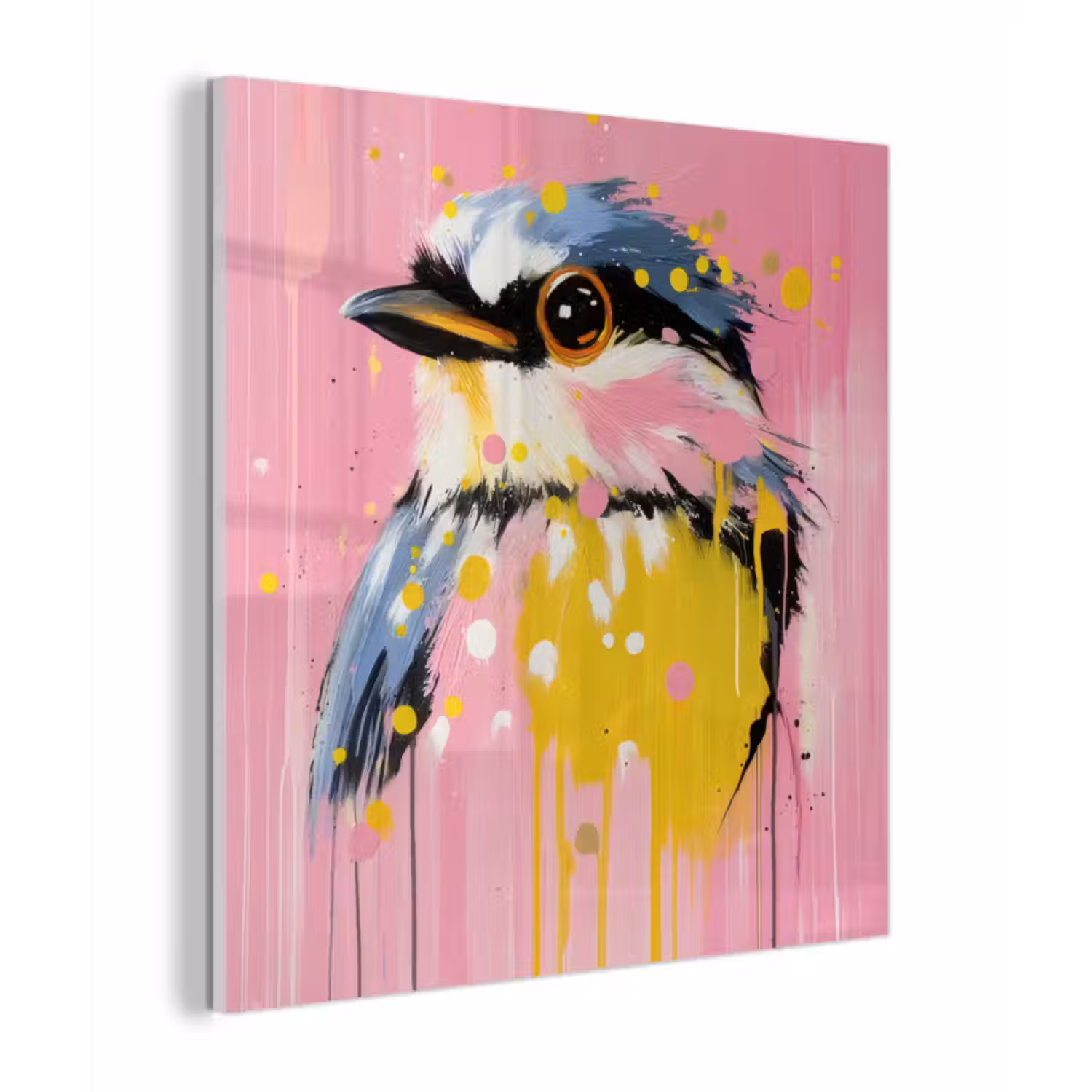 Glas schilderij - Vogel - Roze - Geel - Blauw