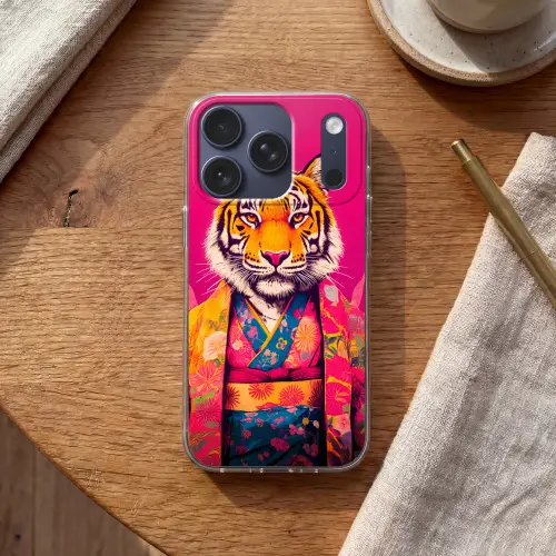 Tijger - Kimono - Planten - Roze Telefoonhoesje iPhone 17 Pro klein -sfeer1