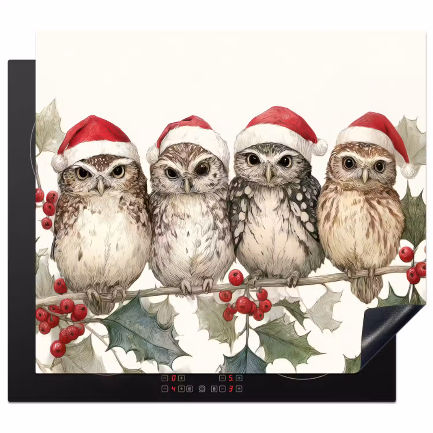 Inductie beschermer - Uilen - Tak - Hulstblaadjes - Kerstmuts