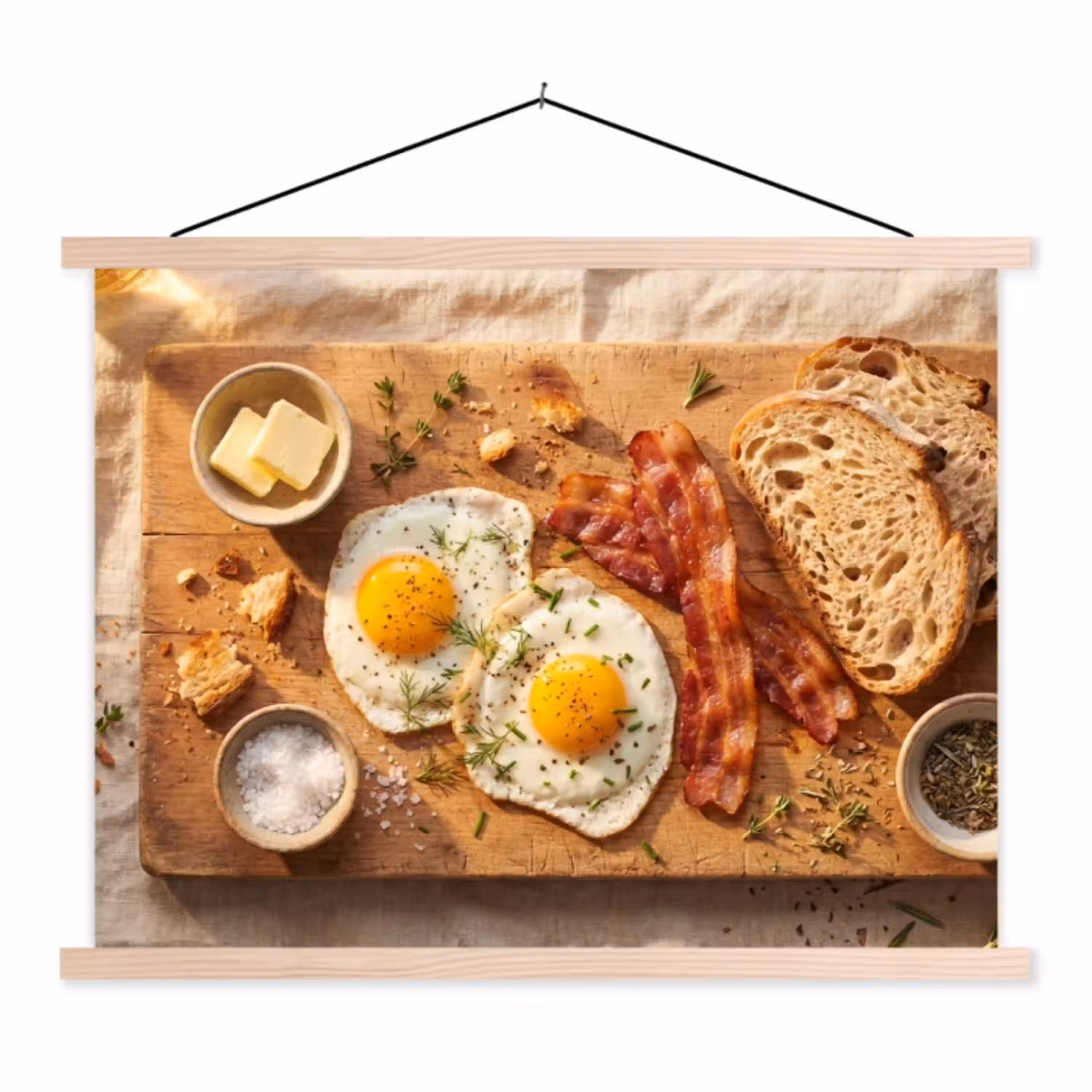 Eten - Ontbijt - Hout - Rustiek - Geel textielposter latten blank klein -3d