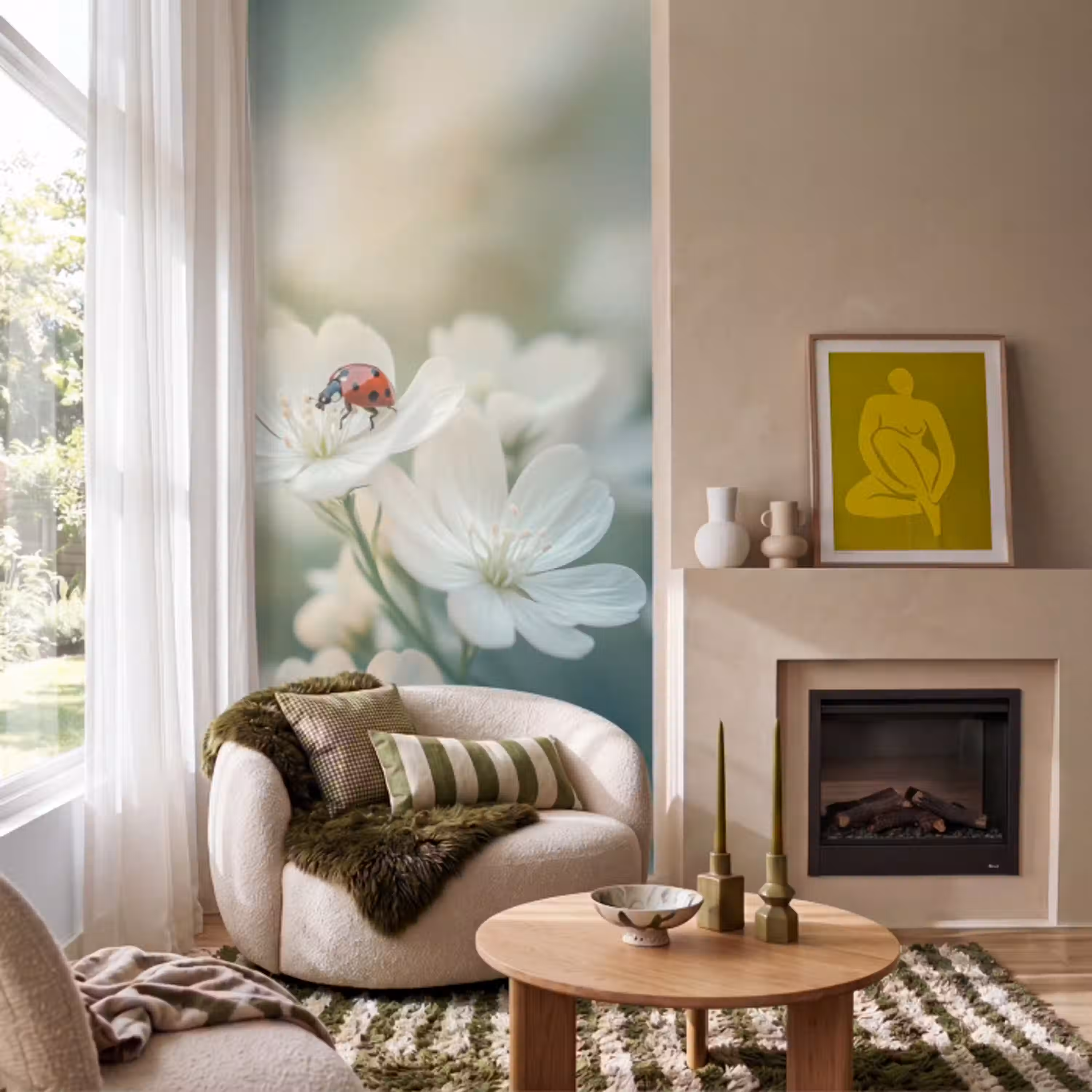 Lieveheersbeestje - Bloemen - Wit Behang Vlies klein -sfeer2