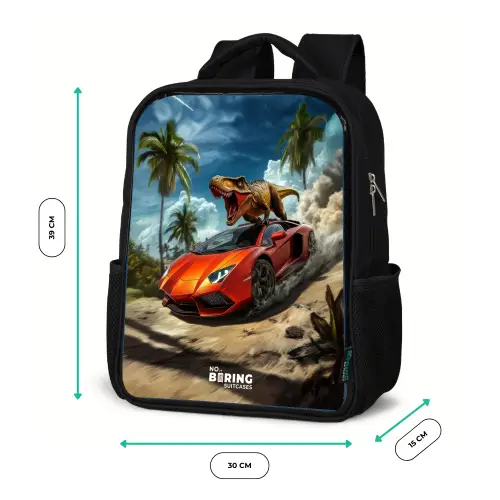 Rode sportauto met dino raast door tropisch strand Rugzak - Zwart middel -productfoto_formaten