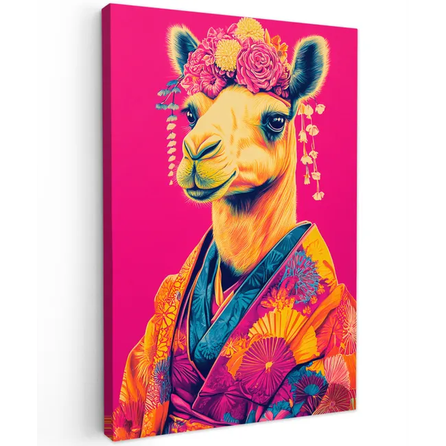 Kameel - Bloemen - Kimono - Waaiers Tuinposter op houten frame 2 cm dik klein -3d