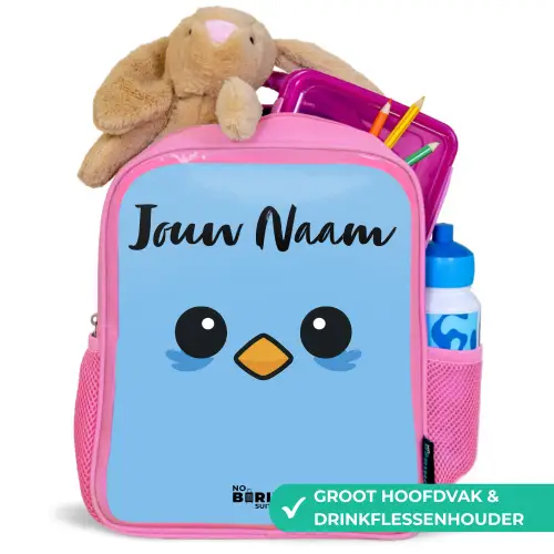Kawai - Vogel - Blauw Kinderrugzak - Roze middel -inhoud_NL