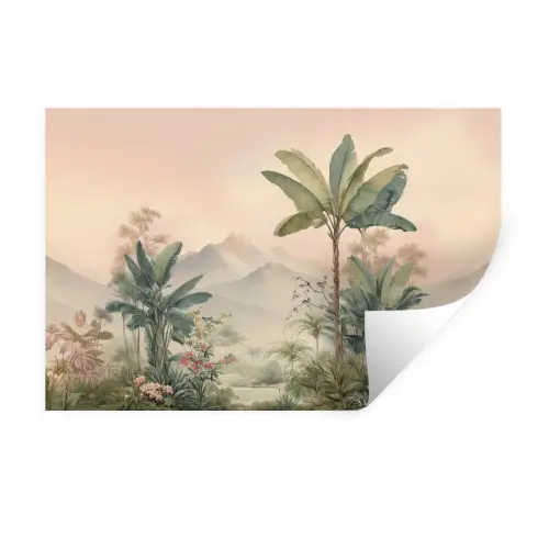 Tropisch landschap - palmbomen - Bloemen - Roze lucht Muursticker klein -3d