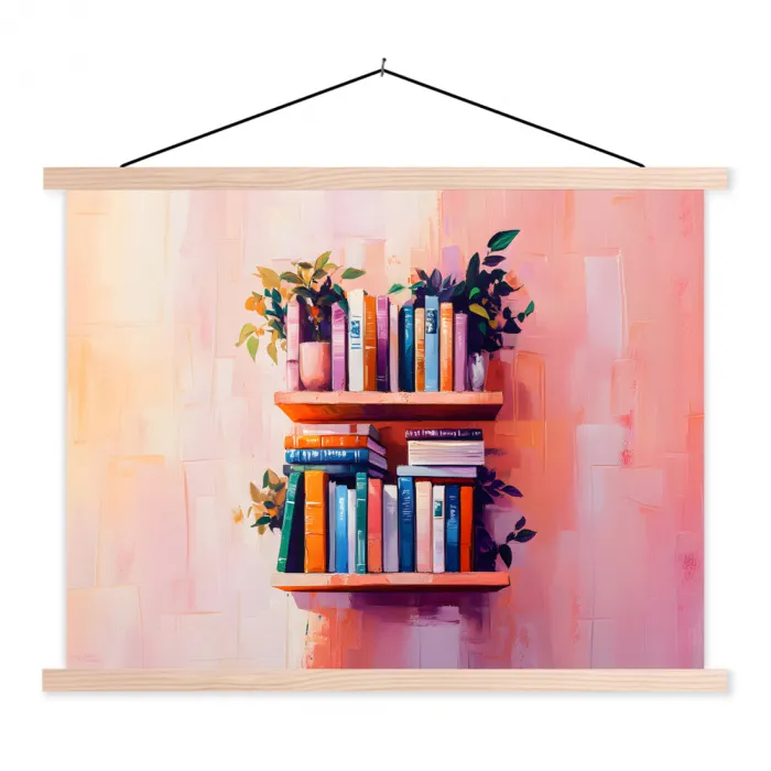 Planken - Boeken - Bladeren textielposter latten blank klein -3d
