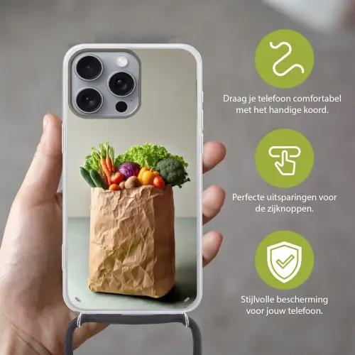 Papieren - Boodschappen - Groente - Kleurrijk Hoesje iPhone 16 Pro Max met koord klein -sfeer2_NL