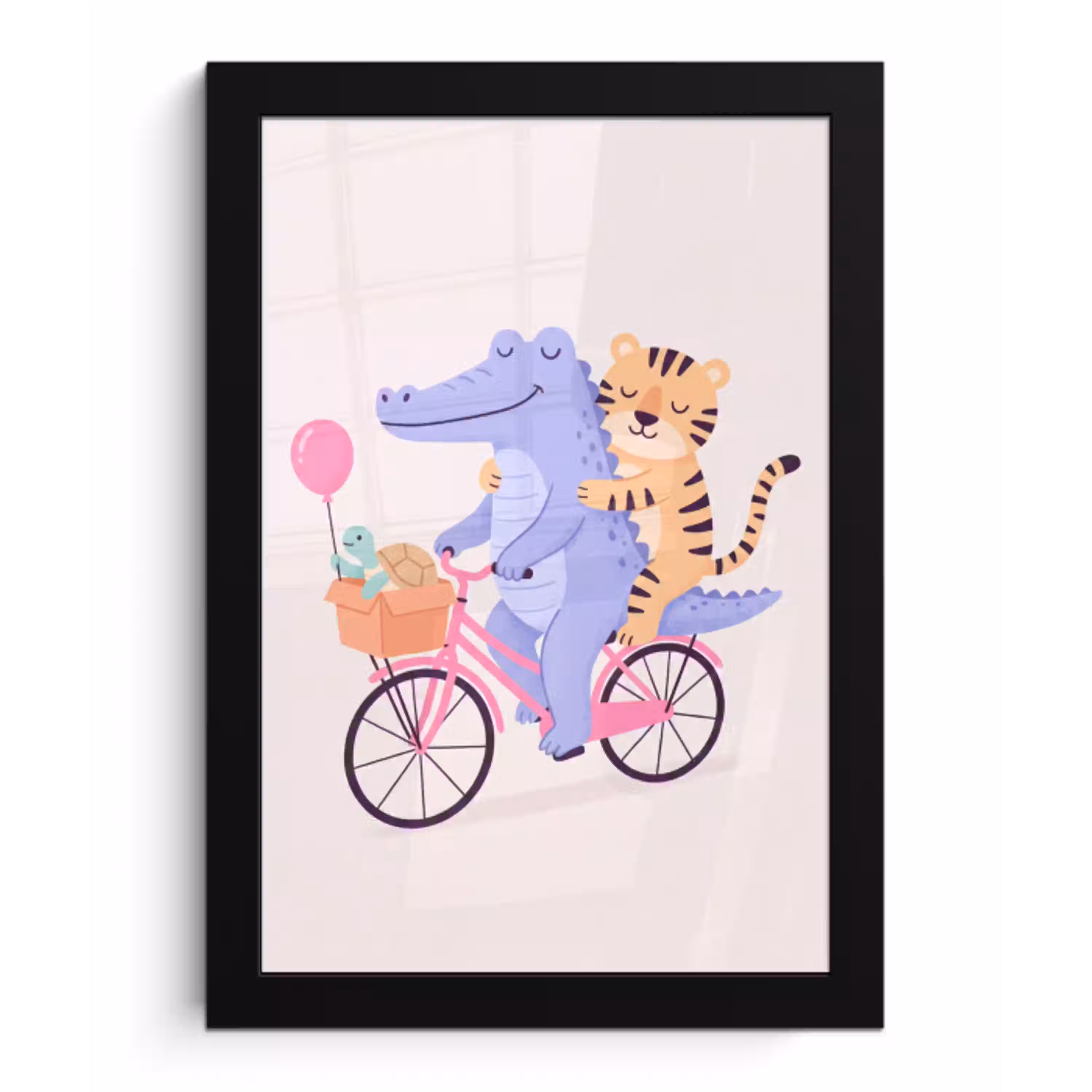 Dieren - Fiets - Vriendschap - Illustratie - Roze fotolijst zwart zonder passe partout klein -3d