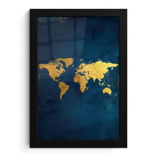 Wereldkaart - Goud - Donkerblauw fotolijst zwart zonder passe partout klein -3d