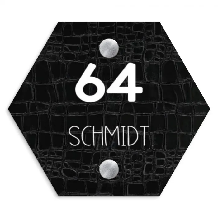 Zwart krokodillenleertextuur - Modern Naambord Hexagon klein -3d