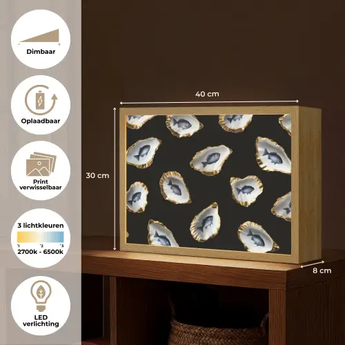 Oesters - Vissen - Blauw - Goud Light Box met batterij (Wandlamp) middel -USP_websiteoverzichtNL