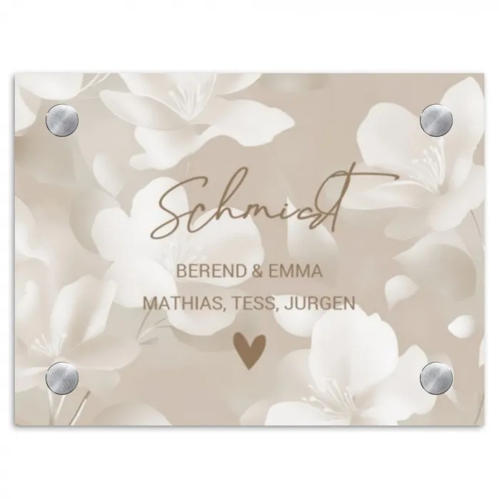 Beige bloemen - Sierlijk Naambord Rechthoek middel -3d