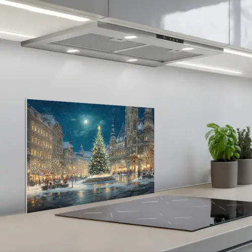 Kerstnacht - Stadsplein - Meerkleurig keuken achterwand spatscherm klein -3d_schuin