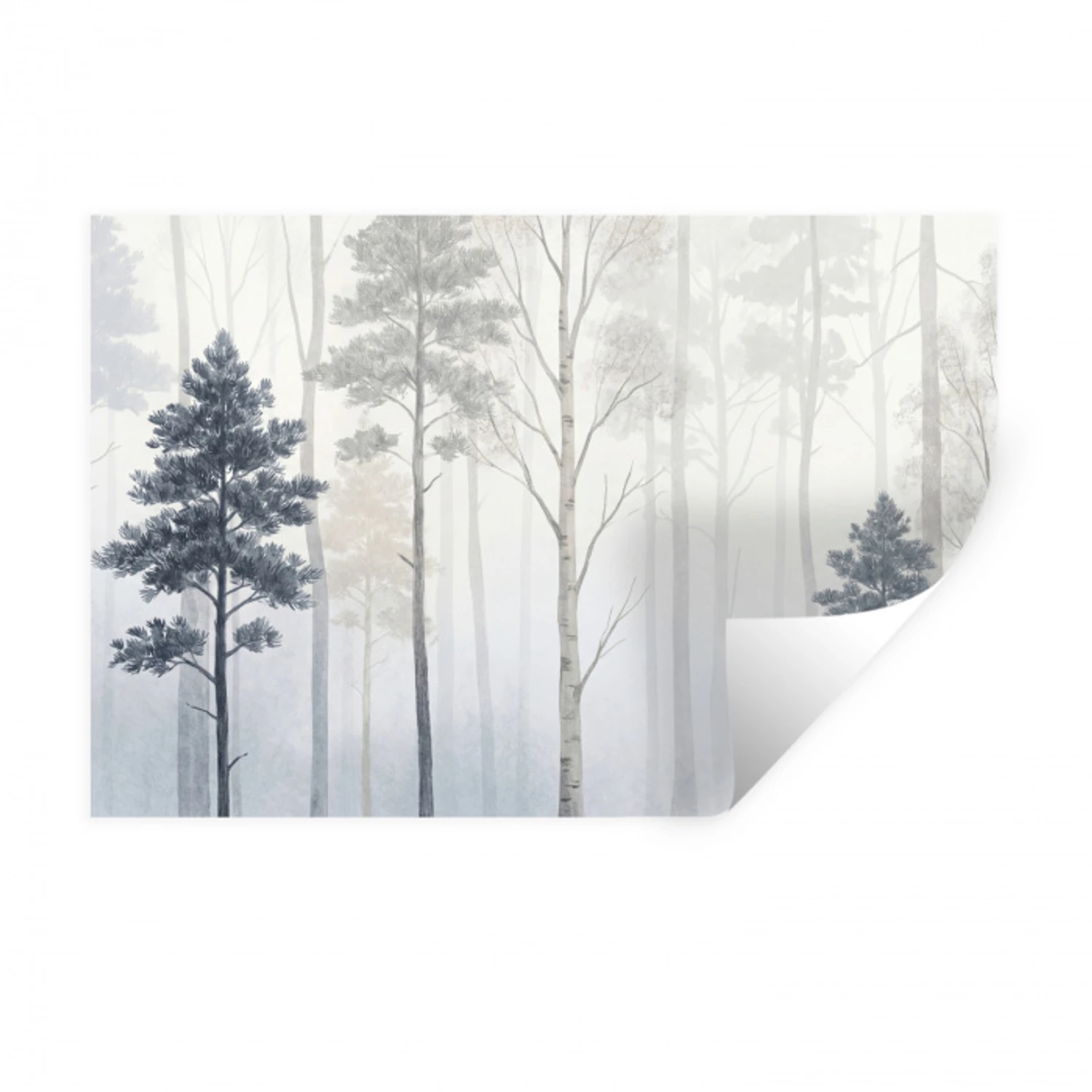 Bos - Bomen - Mist - Natuur - Illustratie - Grijs Muursticker klein -3d